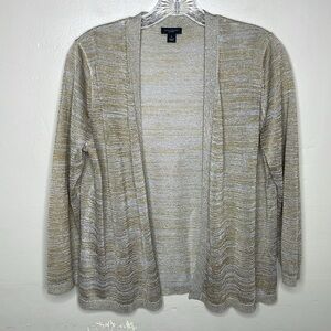 ANN TAYLOR Factory Cardigan Sweater Tan & Gold Open Front Three Quarter Medium